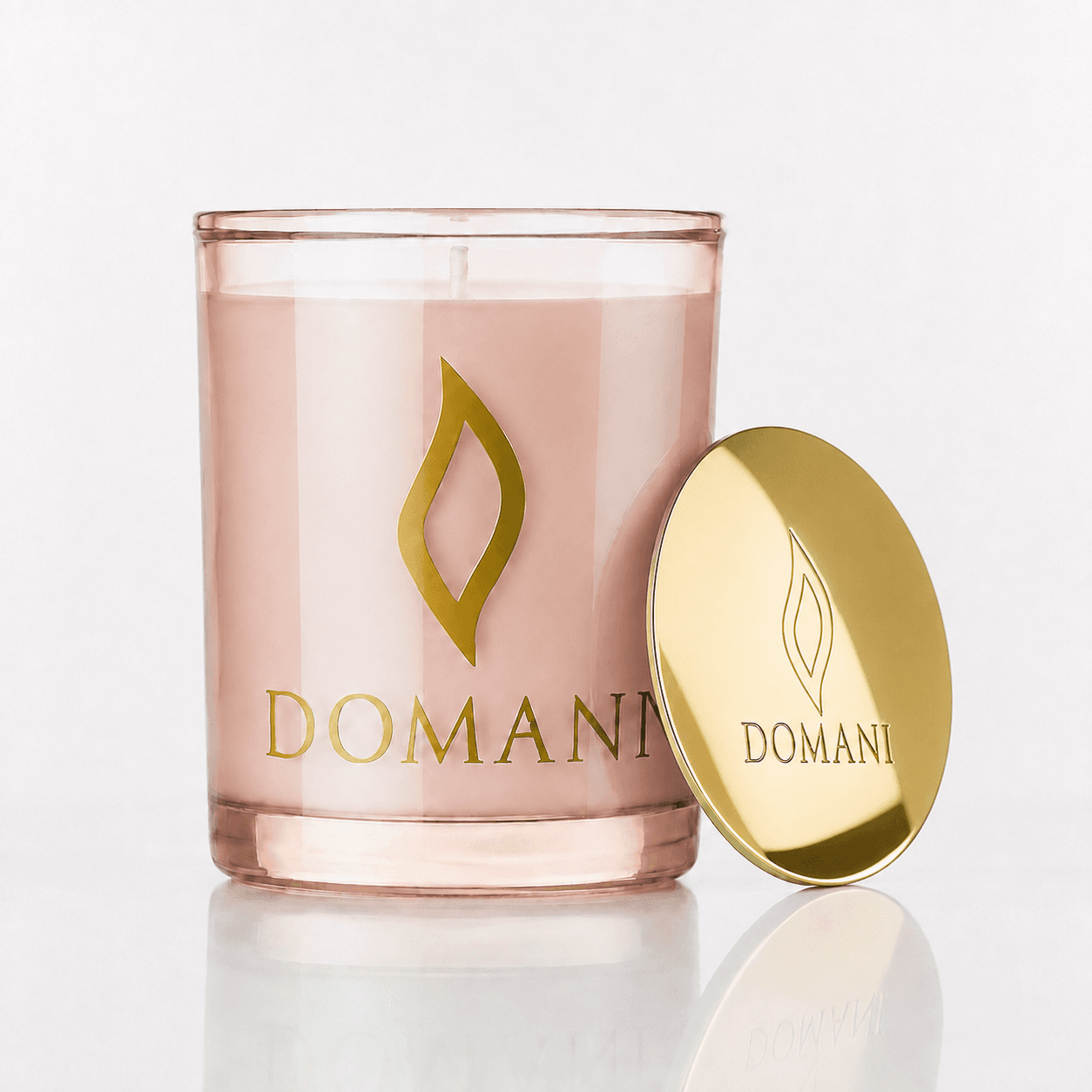 Domani Seraphina candle, Rose Quartz · Lid off, unlit