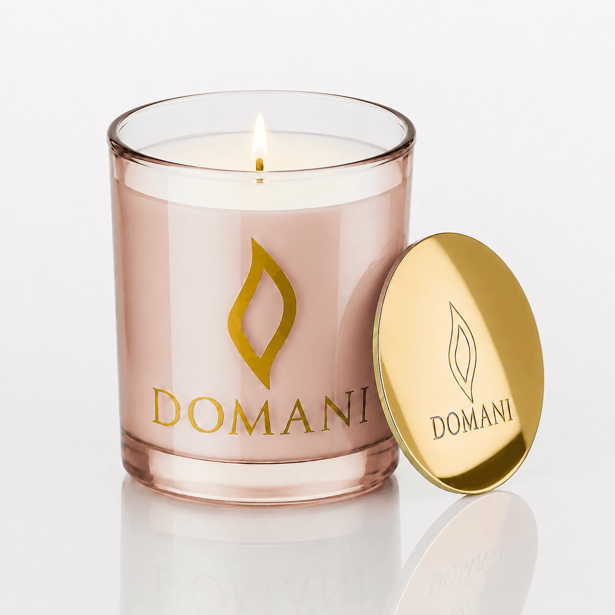 Domani Seraphina candle, Rose Quartz · Lit candle, downward view