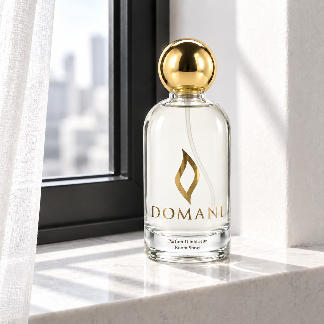 Domani lumina room spray in an editorial interior setting.