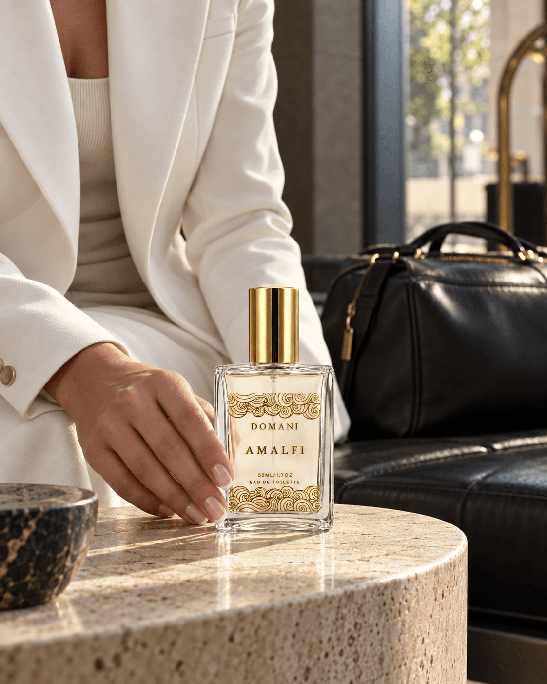 A woman in white tailoring touches the capped Domani Amalfi 50 ml bottle on a pale stone table beside a black overnight bag.