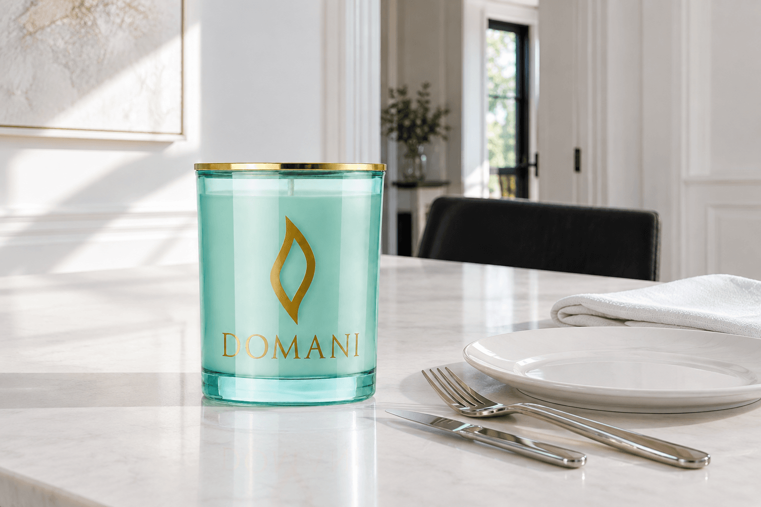 The complete unlit Fifth Avenue candle in Aquamarine glass with its gold lid on a white dining table beside a plate, silver cutlery and folded white cloth.