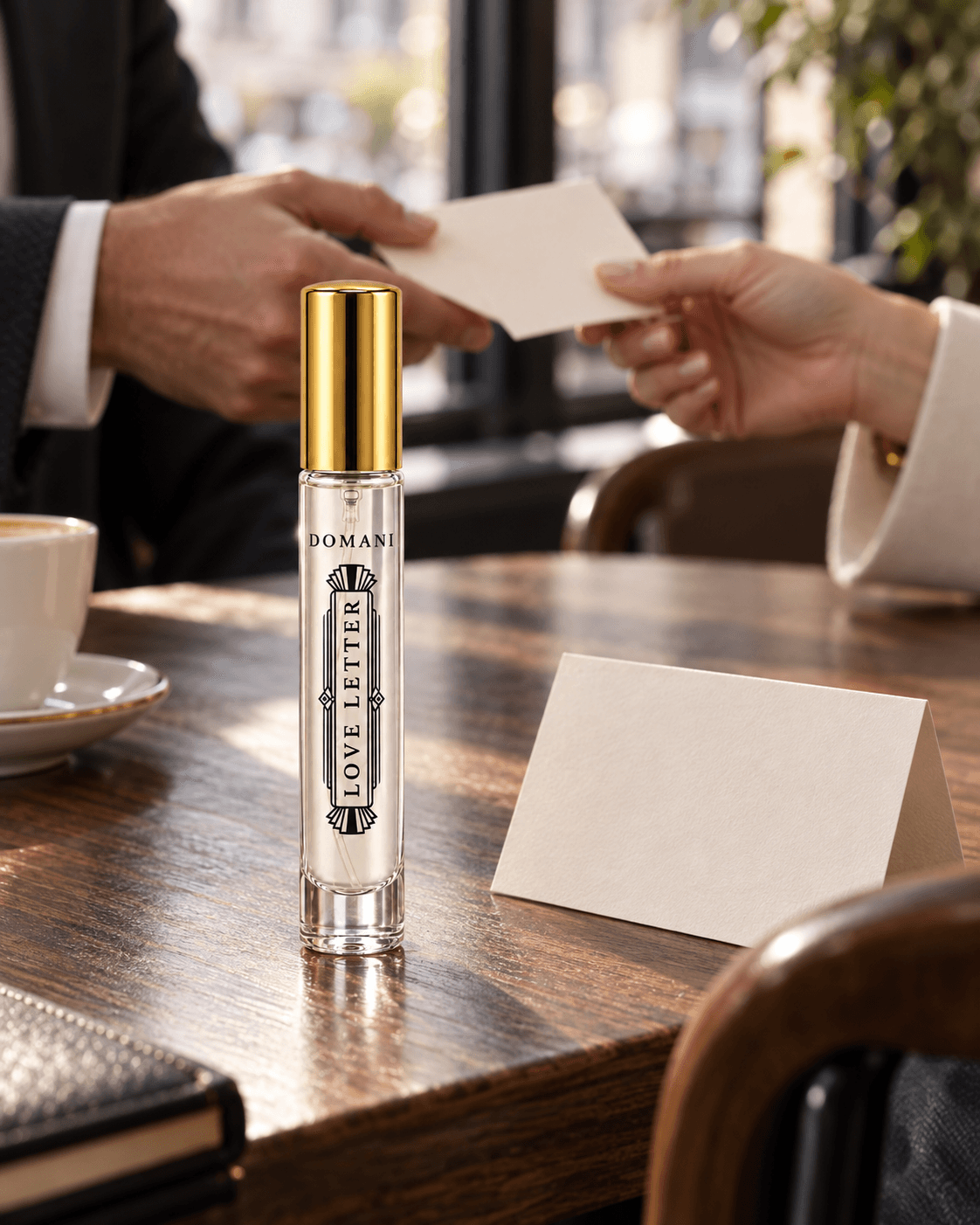 The slim Love Letter 10 ml perfume with black vertical artwork on a walnut café table, with a folded blank card and two hands exchanging a separate piece of paper behind it.