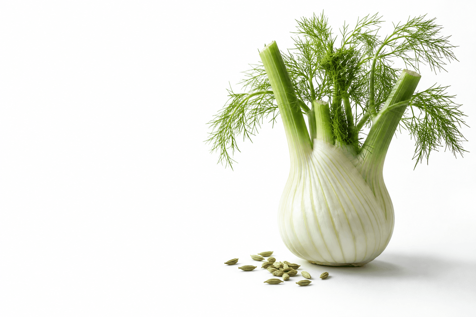 A pale ribbed fennel bulb with attached green fronds and a small scatter of ridged seeds on white.