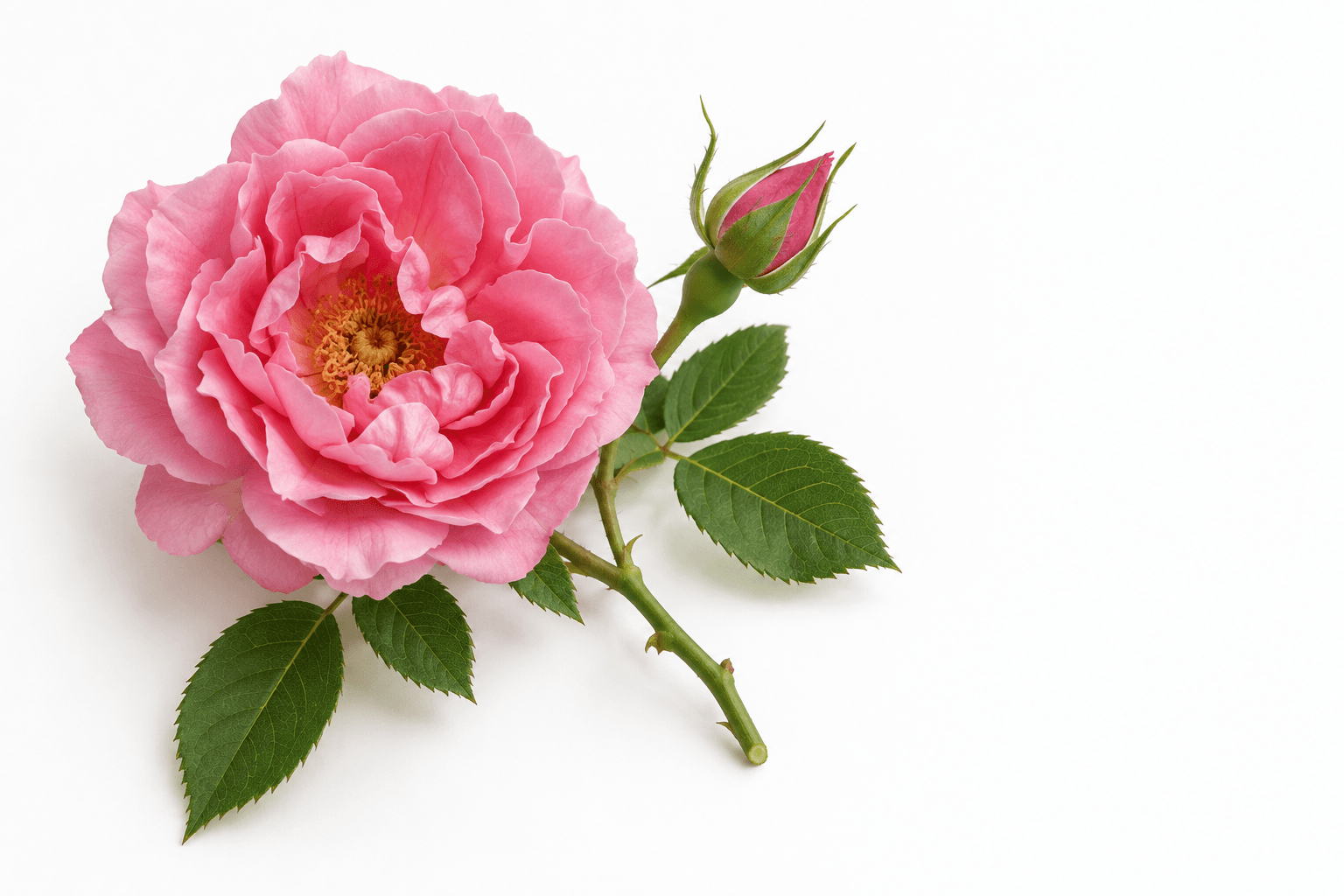 A pink ruffled rose with an open golden center, a bud, serrated leaves and a short prickled stem on white.