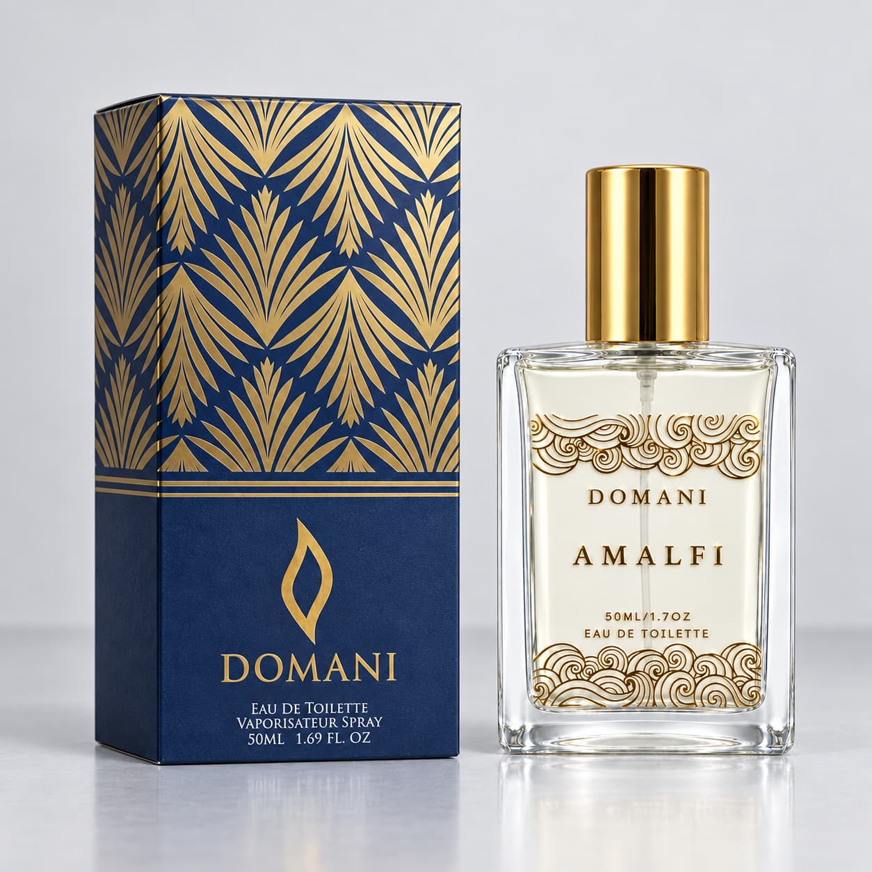 Amalfi 50 ml with its navy and gold box.