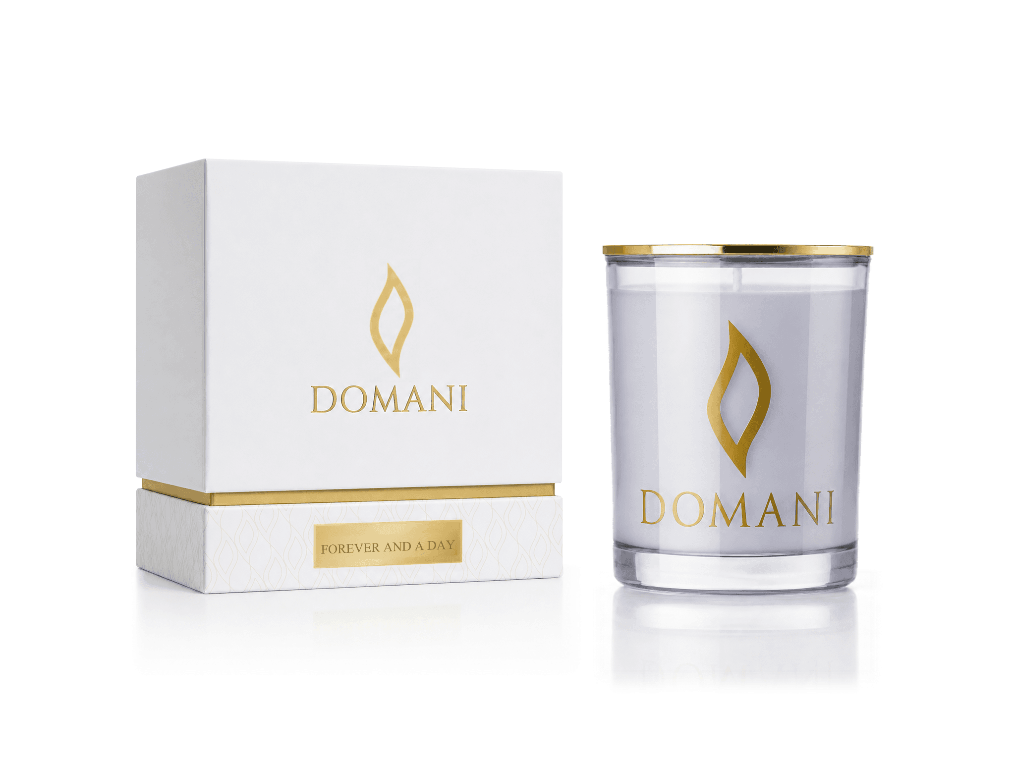 Forever and a Day candle in Sapphire glass beside its named Domani presentation box