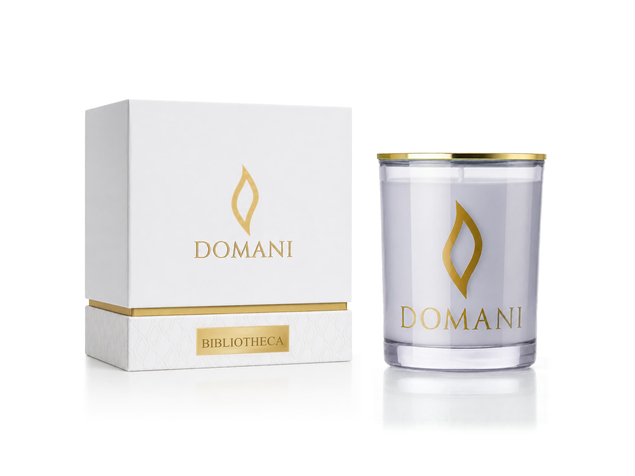 Bibliotheca candle in Sapphire glass beside its named presentation box.