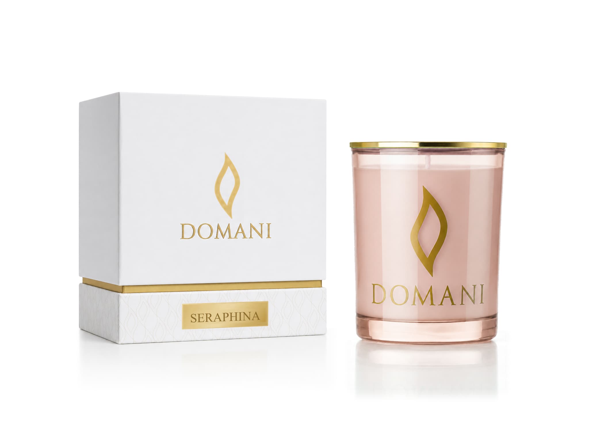 Seraphina candle in Rose Quartz glass beside its named presentation box.