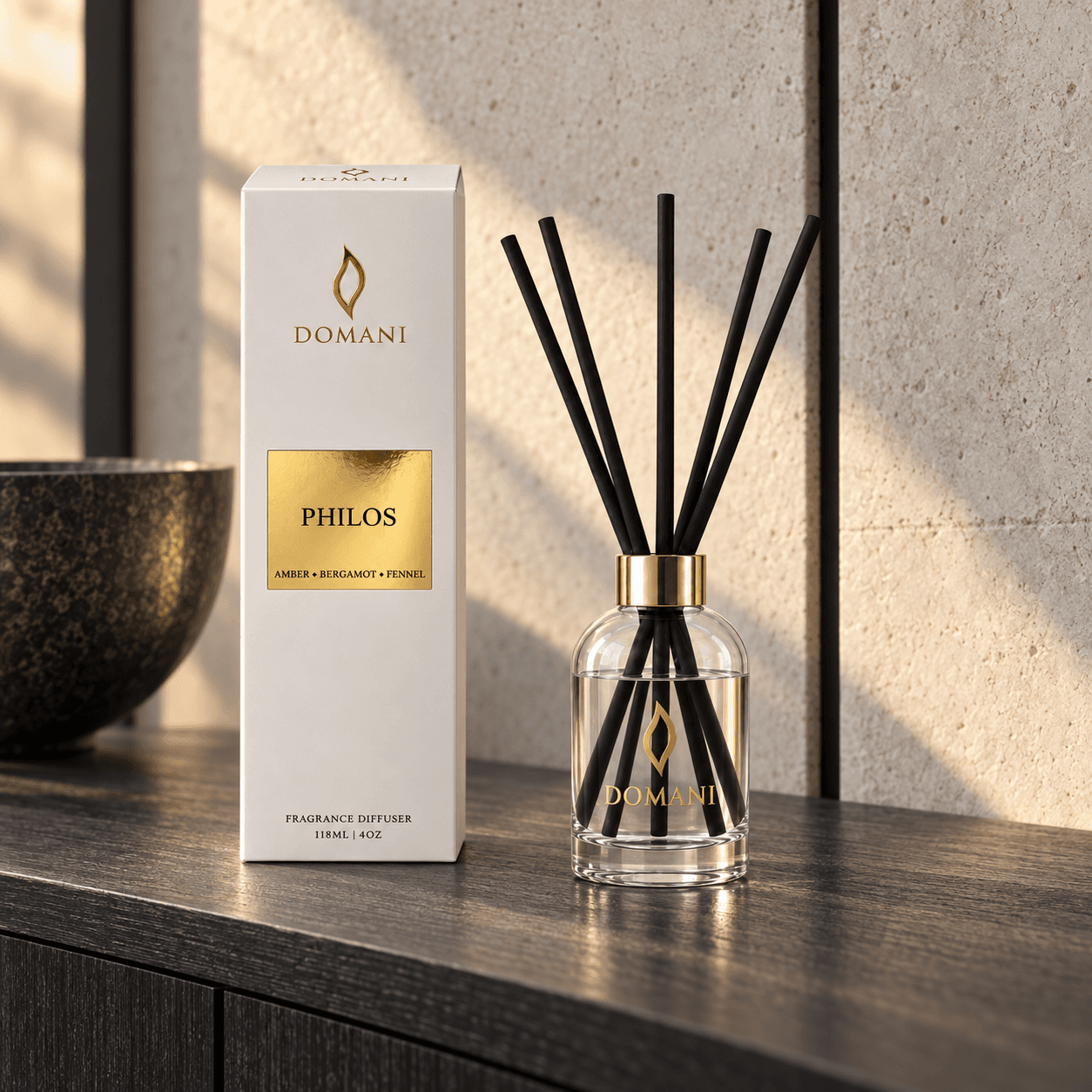 Philos diffuser and presentation box on a dark console