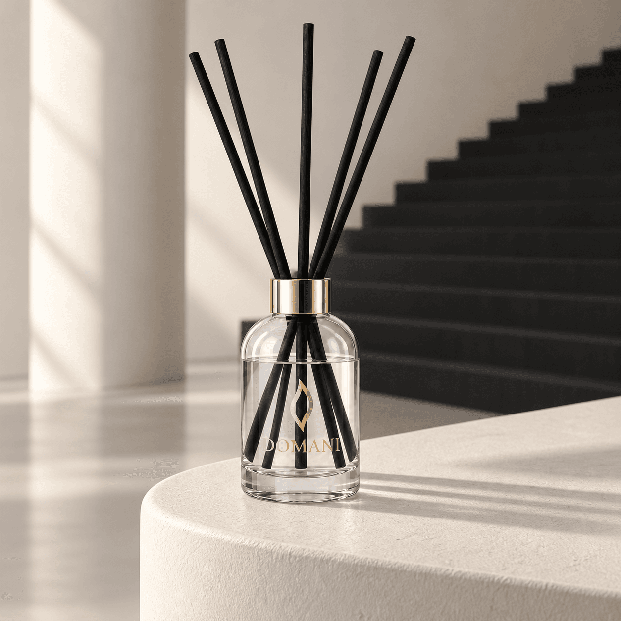 Serenade diffuser beside a sculptural staircase