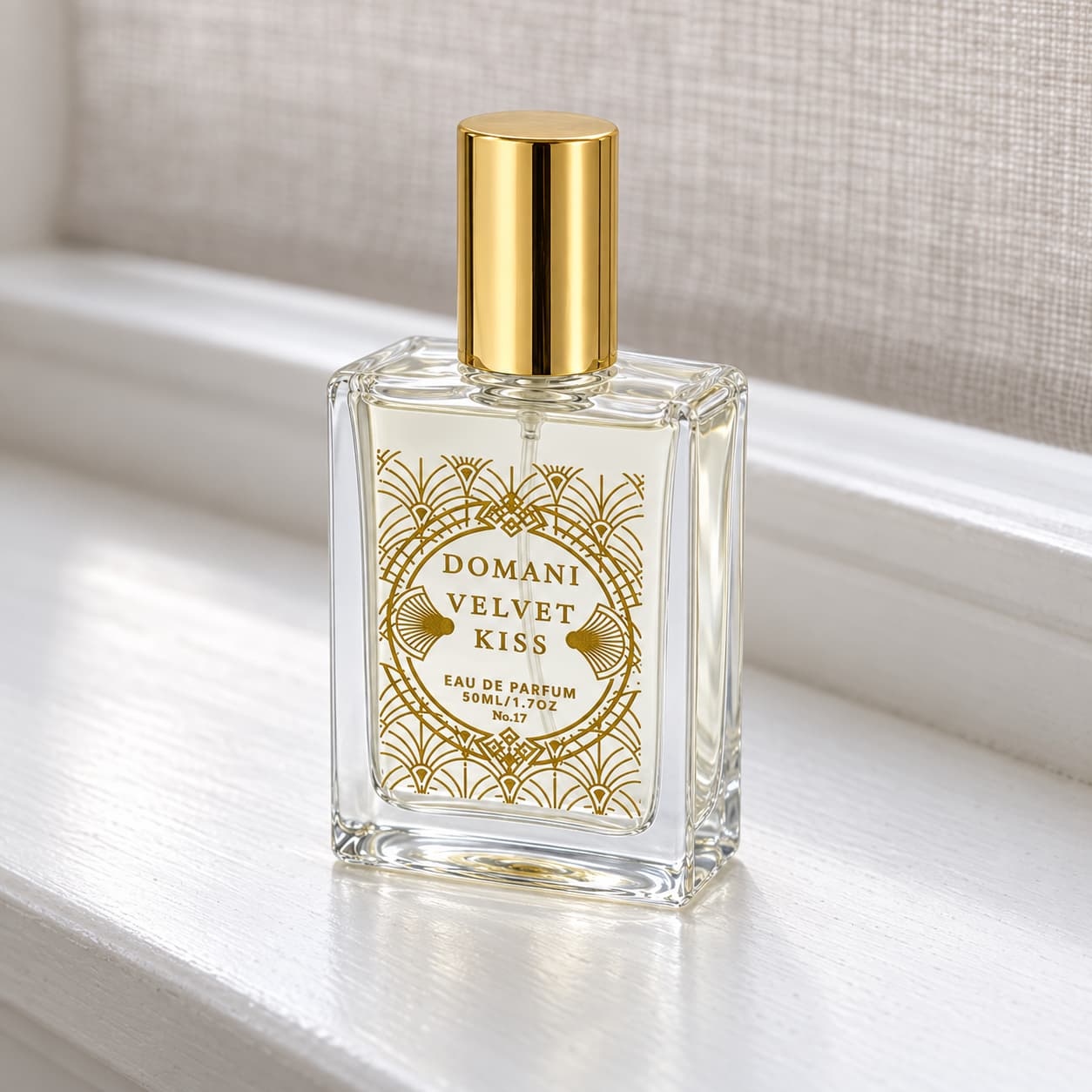 Velvet Kiss 50 ml perfume viewed from a three-quarter angle on a white wooden window sill.