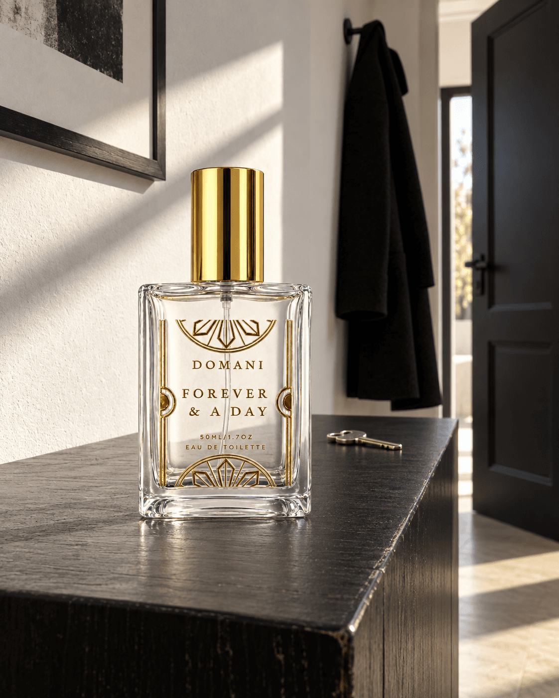 Forever & A Day 50 ml eau de toilette, fully capped on a black timber entry-hall console with a key and coat behind.