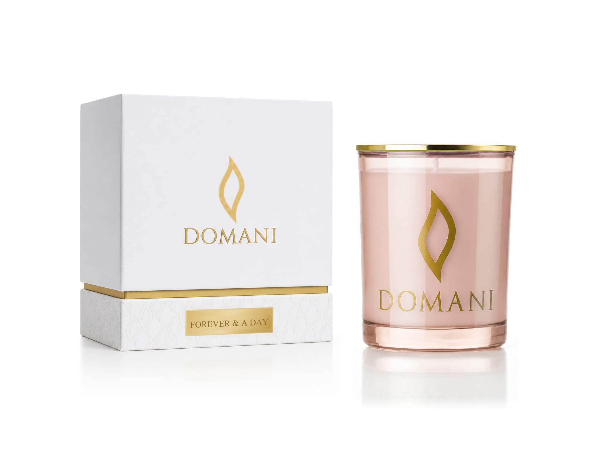 Rose Quartz candle beside a white-and-gold carton labeled FOREVER & A DAY. The jar carries only the Domani flame and wordmark.