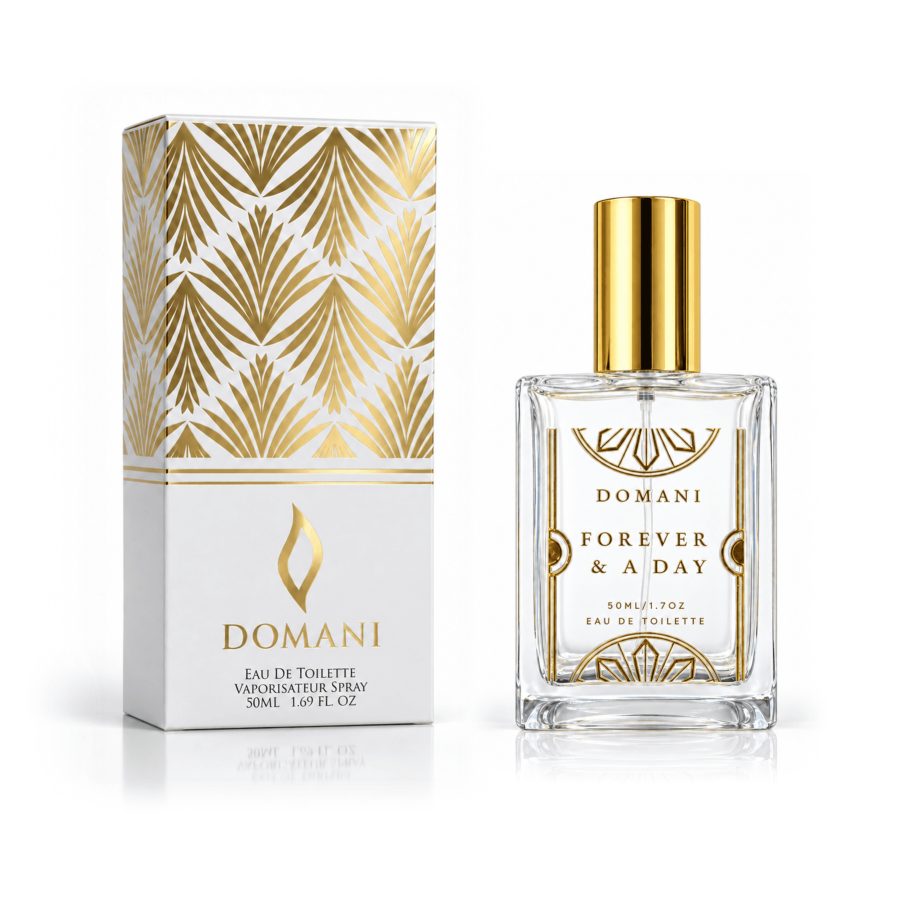 Forever & A Day 50 ml perfume beside its white and gold presentation carton.