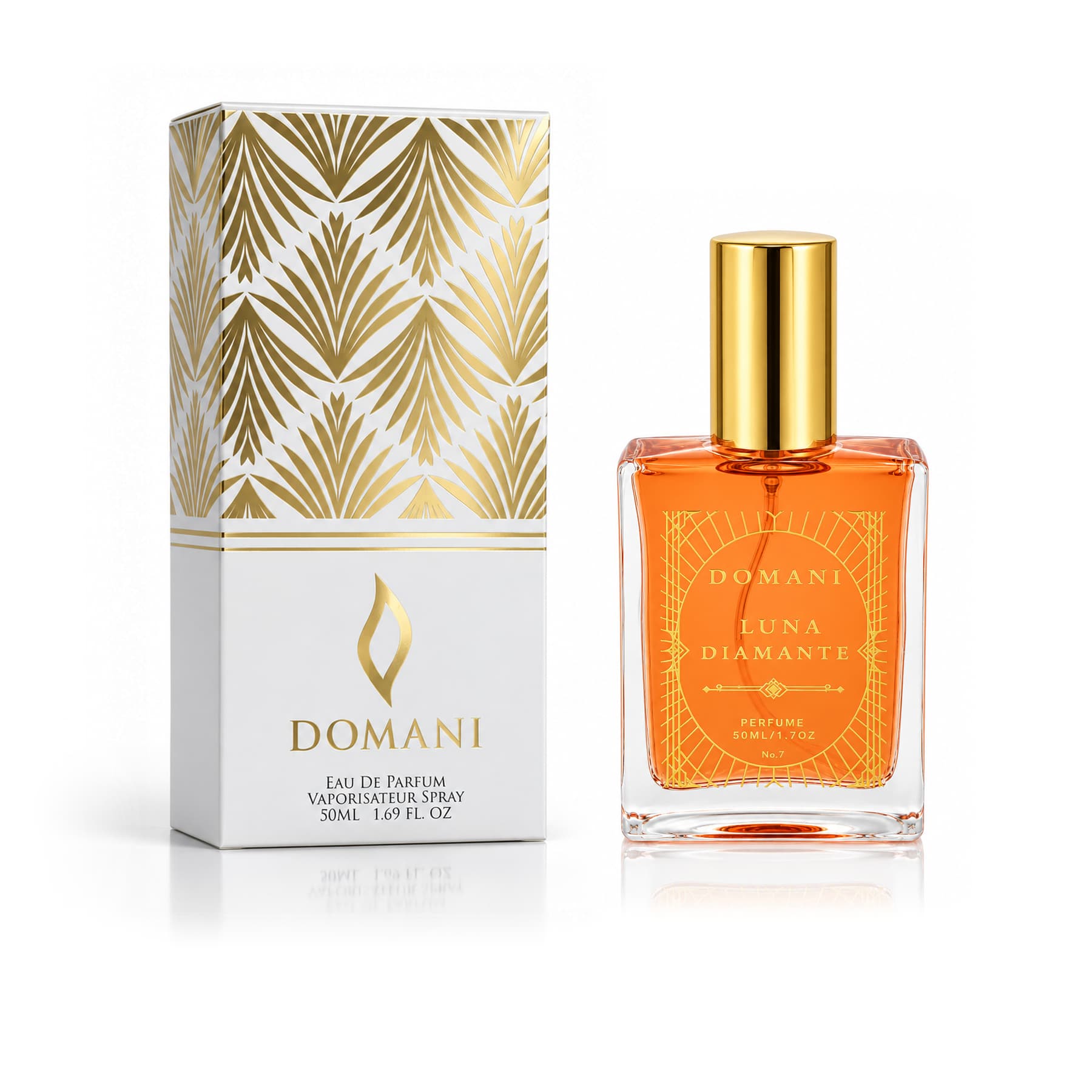 Luna Diamante 50 ml perfume beside its white and gold carton.