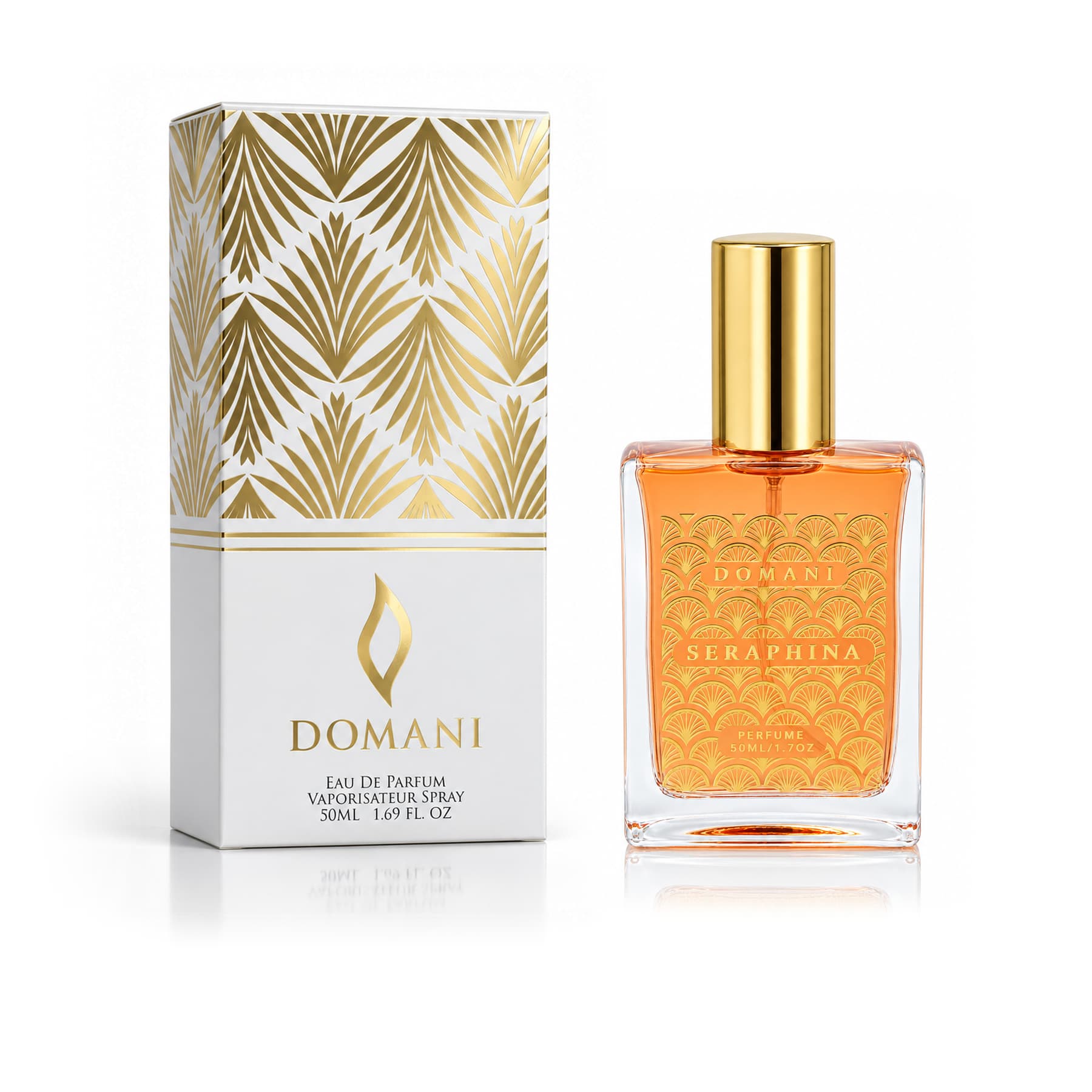 Seraphina 50 ml perfume beside its white and gold carton.