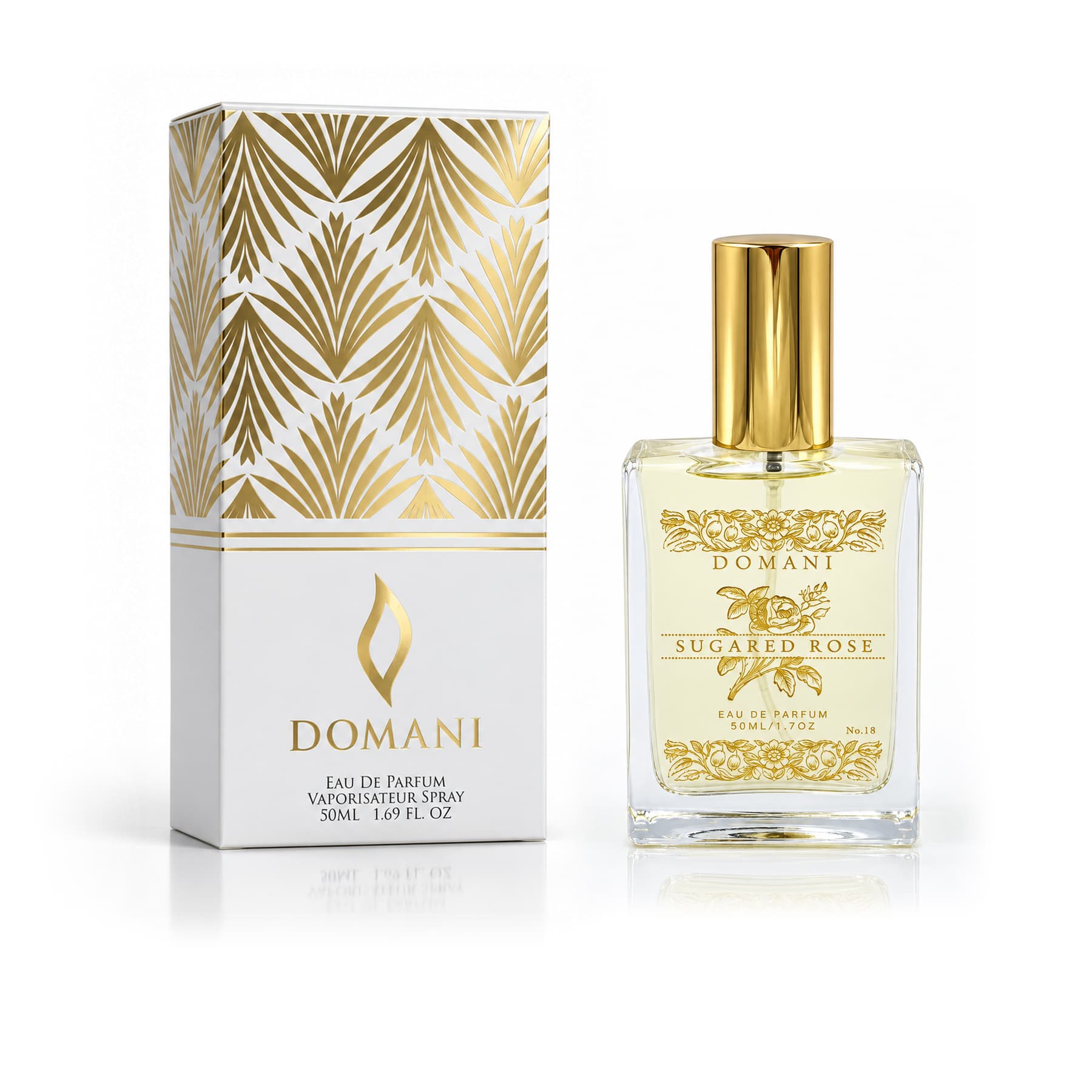 Sugared Rose 50 ml perfume beside its white and gold carton.
