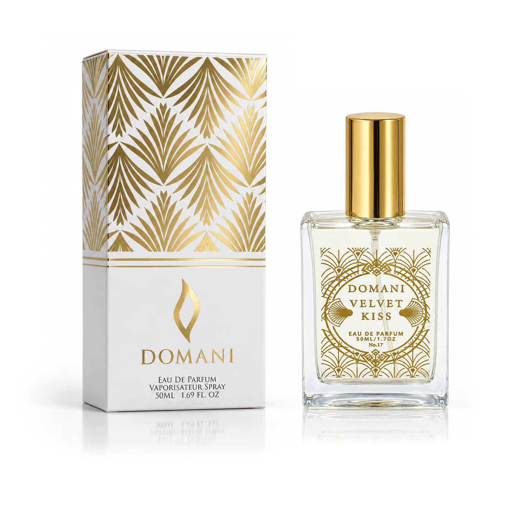Velvet Kiss 50 ml perfume beside its white and gold carton.
