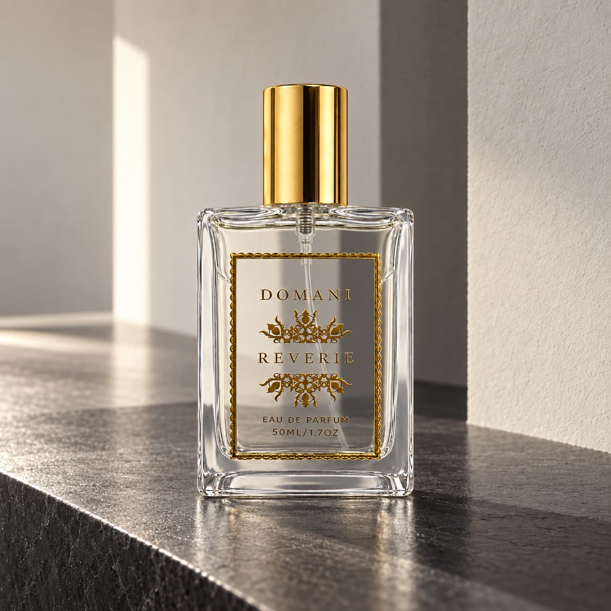 Reverie 50 ml bottle in architectural light.
