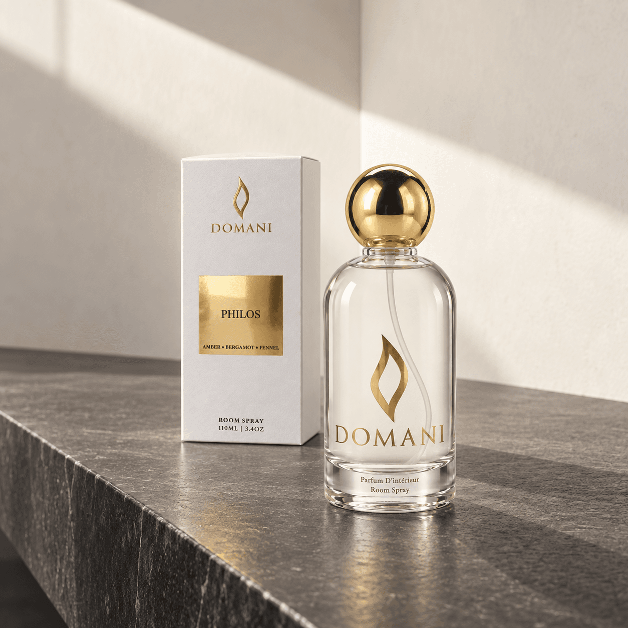 Philos room spray with its named presentation box, limestone pairing