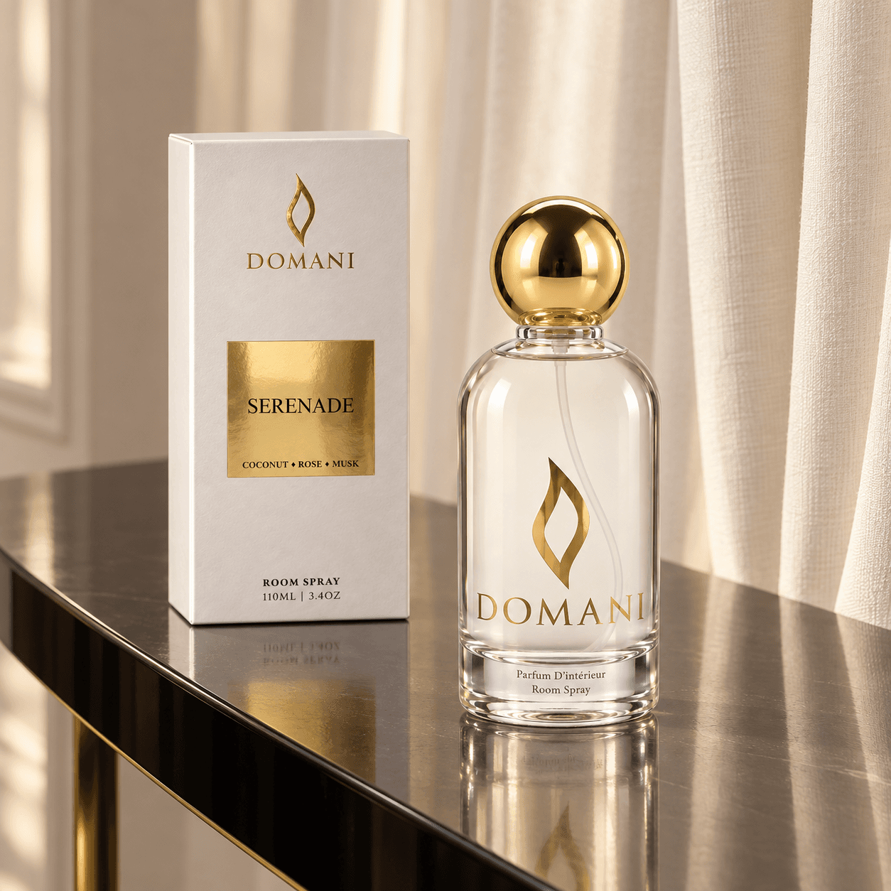Serenade room spray with its named presentation box, draped-console pairing