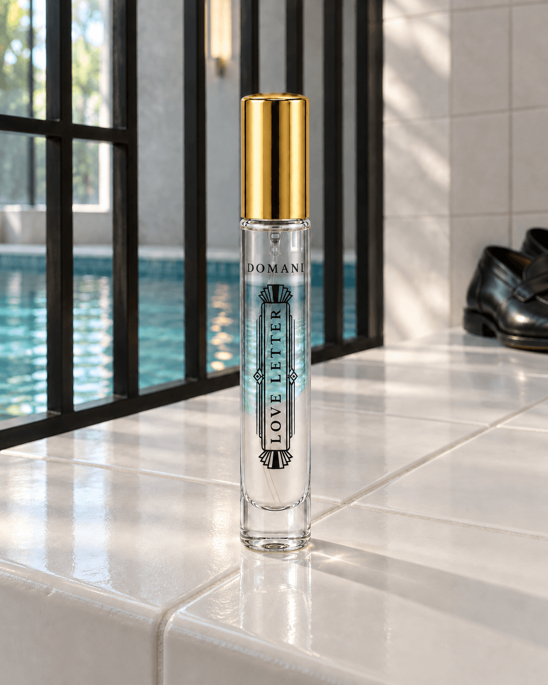 Domani Love Letter 10 ml clear travel bottle with black artwork and a gold cap on a tiled ledge beside a teal pool.