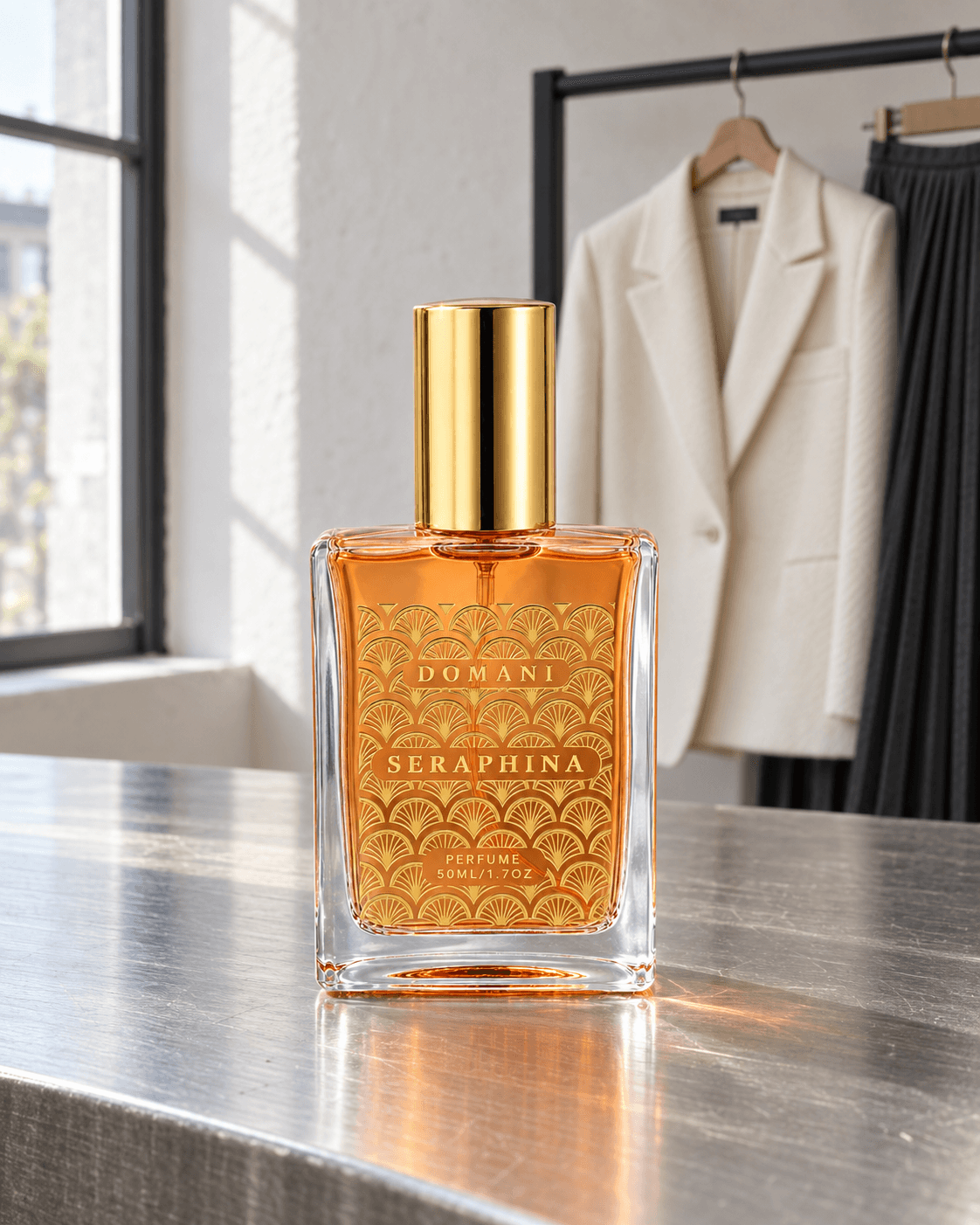 Domani Seraphina 50 ml bottle with gold fan artwork and amber-colored liquid on a metal worktable in a clothing atelier.