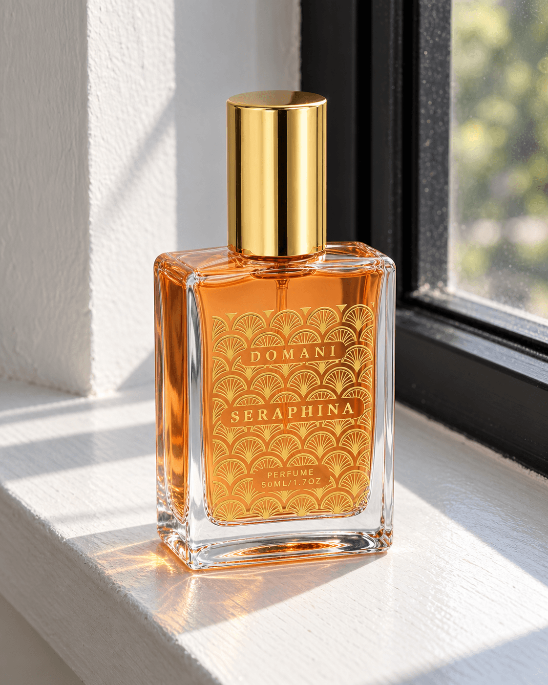 Domani Seraphina 50 ml bottle viewed from an elevated three-quarter angle on a pale window sill, showing its side plane and gold cap top.