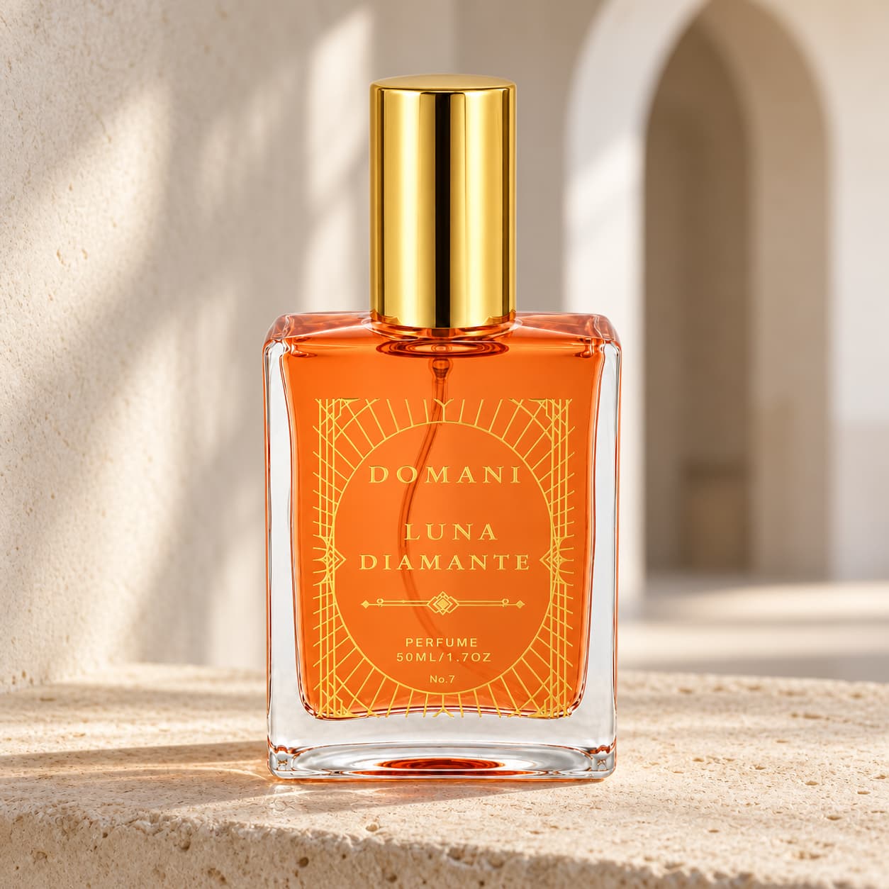 Luna Diamante 50 ml perfume in architectural limestone light.