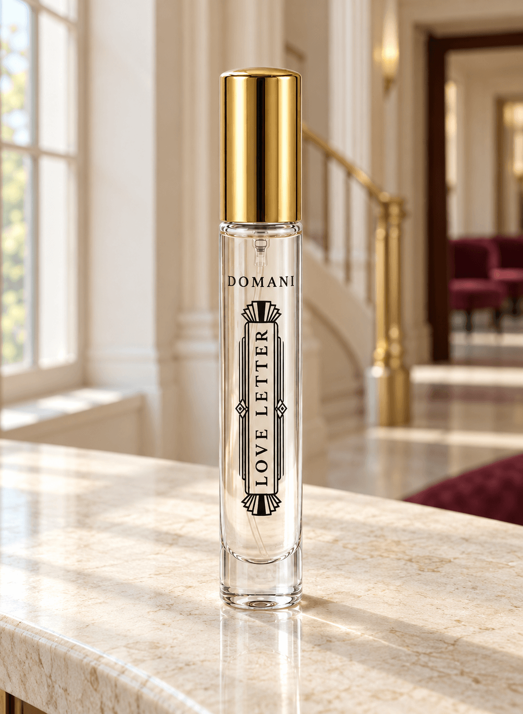 Love Letter 10 ml clear travel vial on an ivory stone console in a daylit foyer with brass details and burgundy seating.