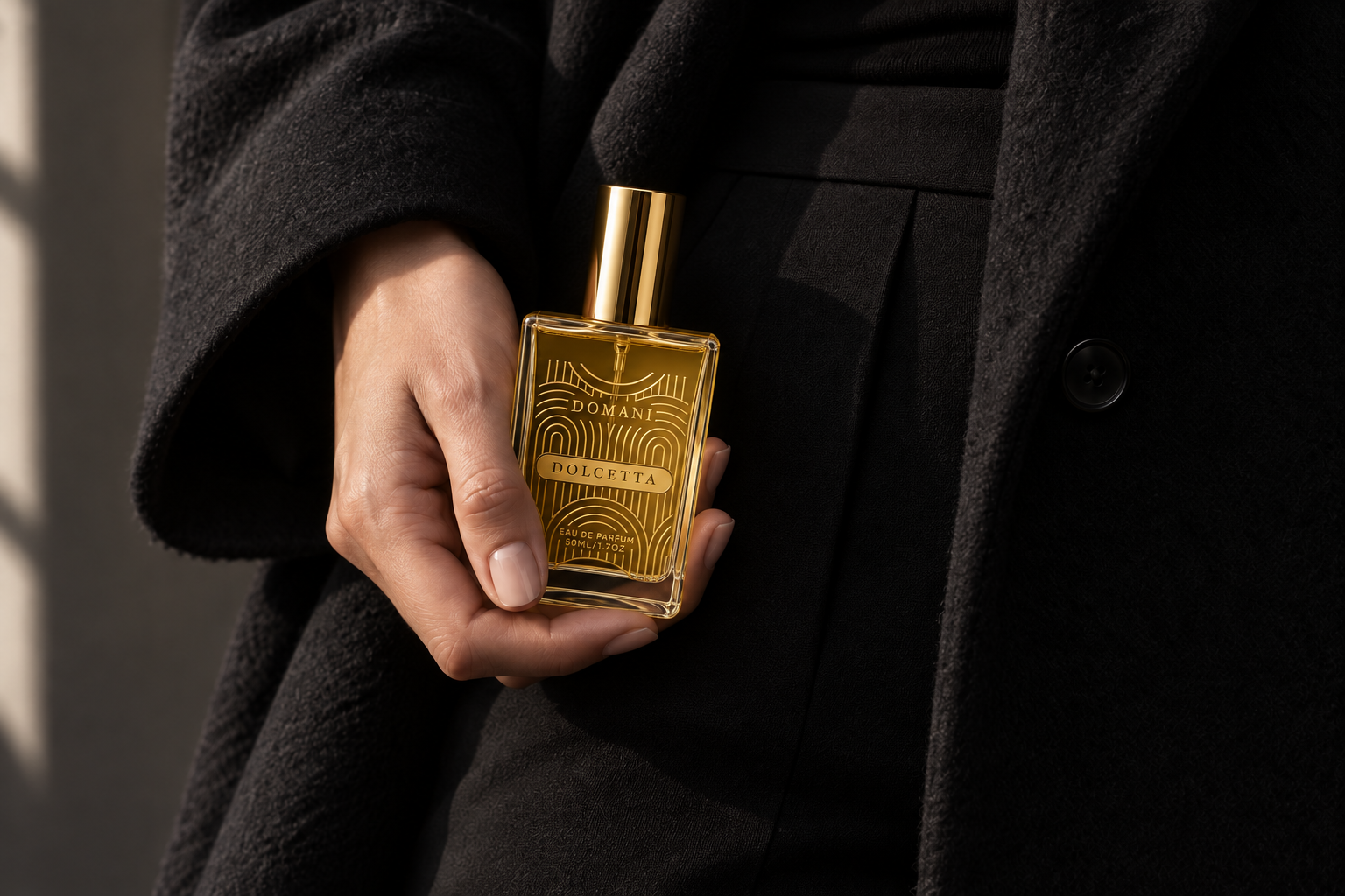 A hand supports the capped Dolcetta 50 ml perfume against heavy black wool, with warm amber liquid and gold artwork visible through the glass.