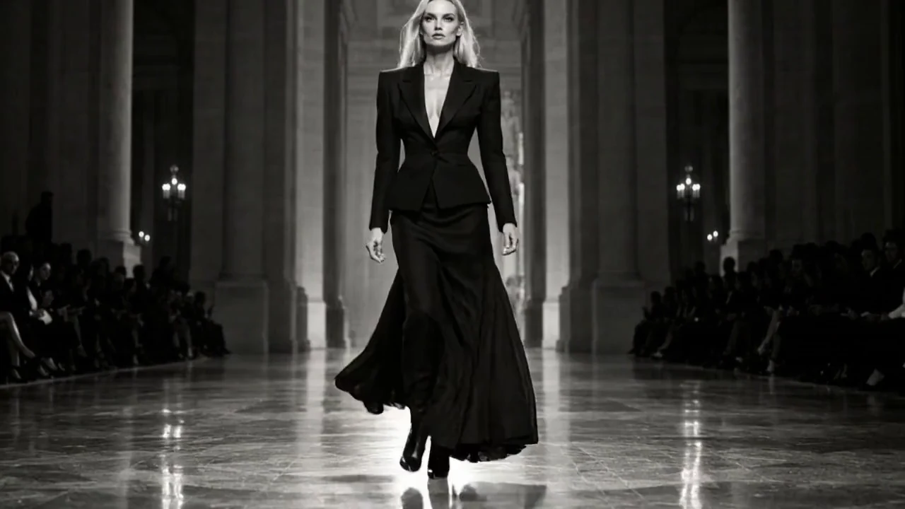 A woman in black tailoring walking through a monochrome runway hall